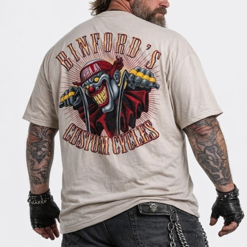 Binfords Custom Cycles Psycho Clown Manteca CA Big and Tall Graphic Tee Size 4XL